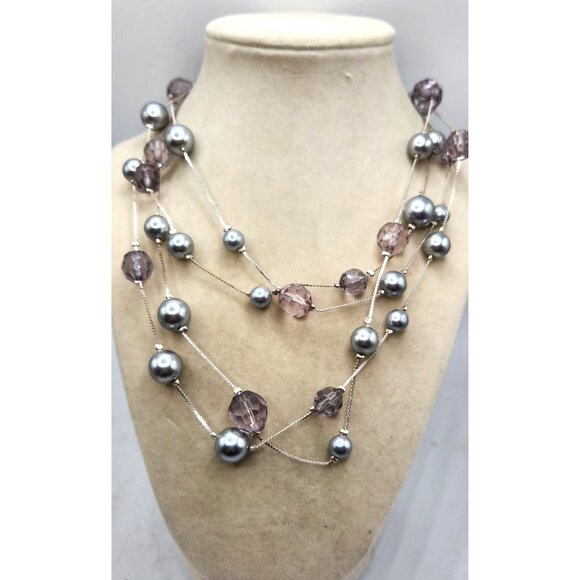 Floating Gray Bead & Crystal Multistrand Necklace - 32" - Picture 1 of 3
